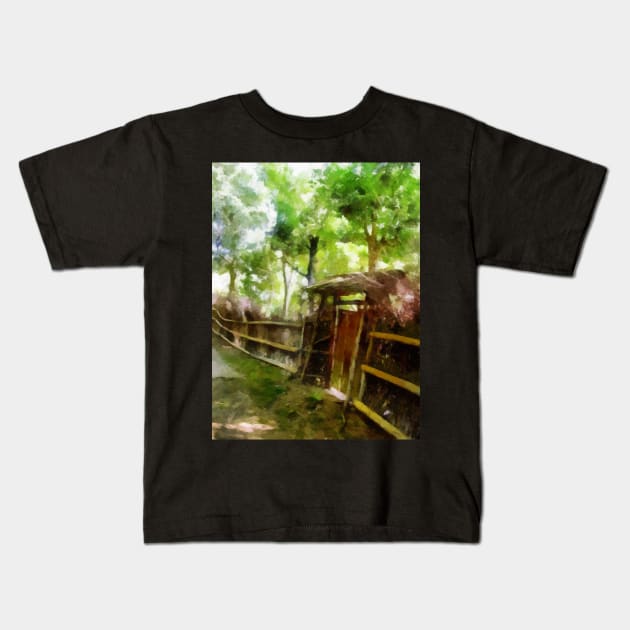 Impressionist Painting of Rustic Gate Kids T-Shirt by kansaikate